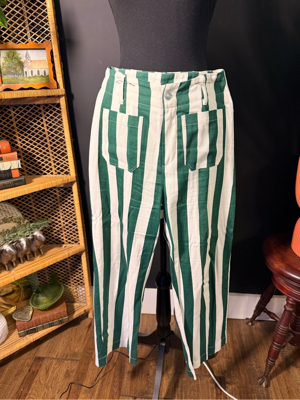 Green and White Vertical Stripe High-Waist Pants